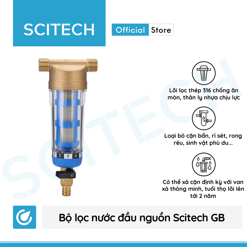 Bộ lọc nước thô đầu nguồn mini Scitech GB (Nhỏ gọn, có van xả cặn) - Hàng chính hãng