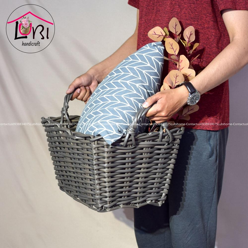 Giỏ đựng đồ đan nhựa giả mây có quai cầm - xinh xắn