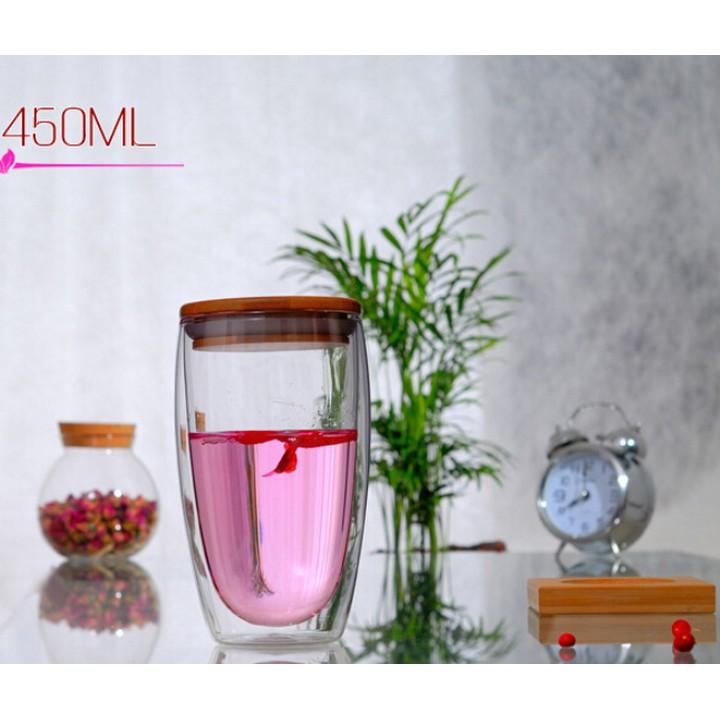 Ly thủy tinh 2 lớp 450ml chịu nhiệt có nắp gỗ - Home and Garden