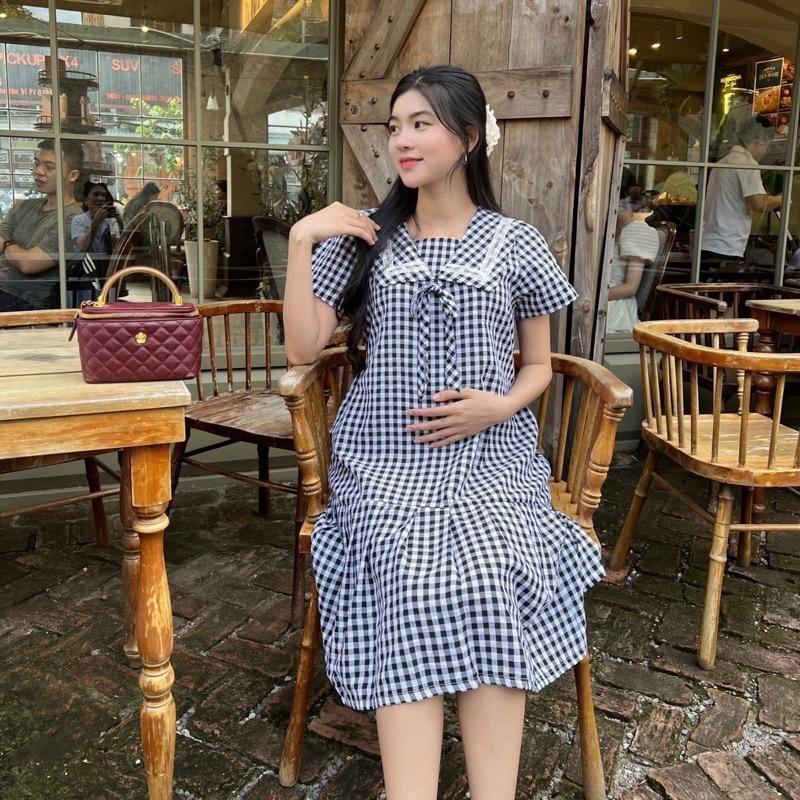 Đầm bầu đuôi cá cổ thuỷ thủ phối viền ren chất Cotton Hàn Váy bầu năng động - Hồng
