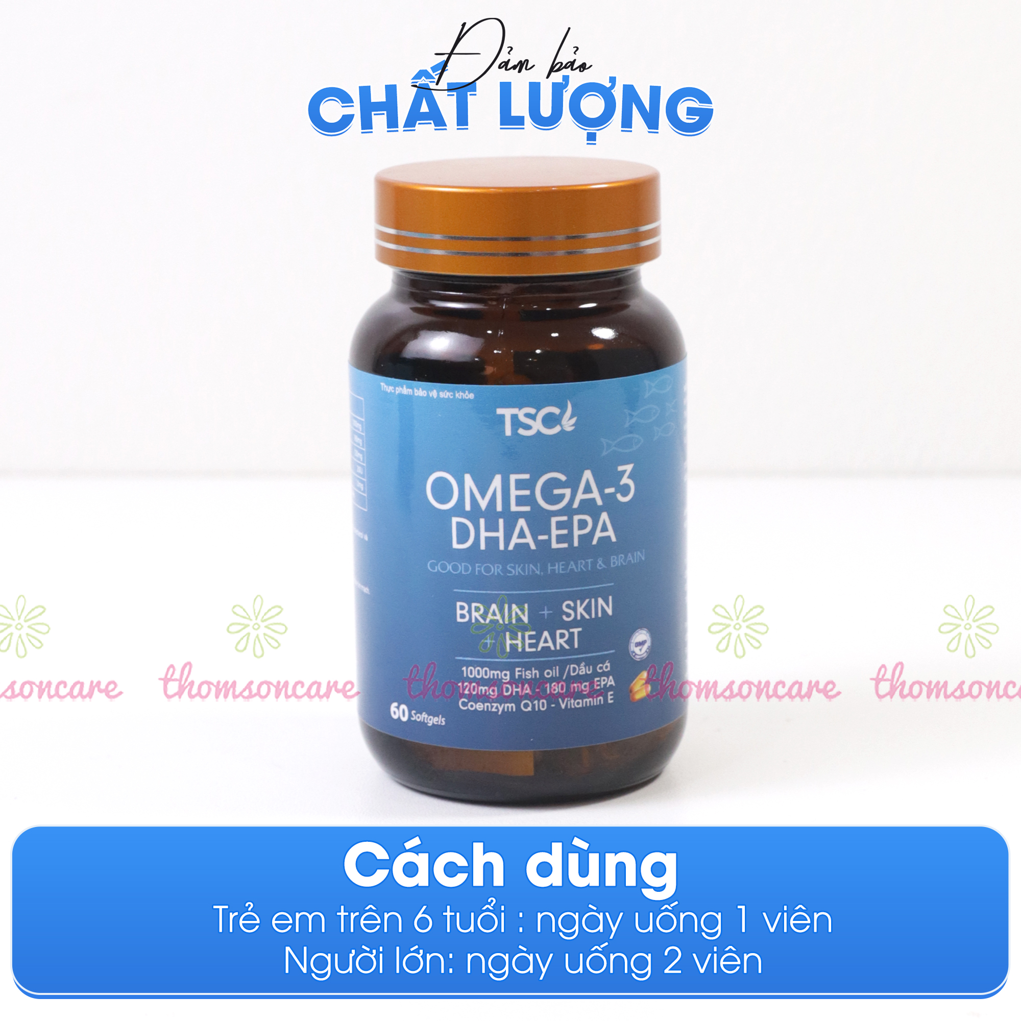 Viên uống dầu cá Omega 3 DHA-EPA TSC, tăng cường thị lực, tốt cho mắt và tim mạch, giảm cholesterol từ dầu cá thêm Vitamin E - Hộp 60 viên Thomsoncare