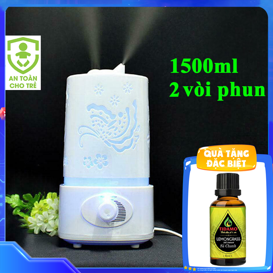 Máy Xông Tinh Dầu Dung Tích Lớn, 2 Vòi Phun Mạnh Mẽ, Đèn LED 7 Màu Cực Đẹp - Kèm Tinh Dầu Sả Chanh TIDAMO 10ML Xông Thơm Phòng Và Đuổi Muỗi