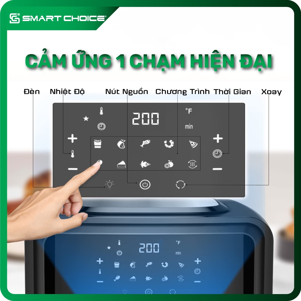 Nồi Chiên Không Dầu Điện Tử SMARTCHOICE 12L Cao Cấp - 10 Chế Độ Nấu ( Công Suất 1800W ), Lò Chiên Không Dầu Cảm Ứng, Đầy Đủ Phụ Kiện Đa Năng - Bảo Hành CHÍNH HÃNG 18 tháng