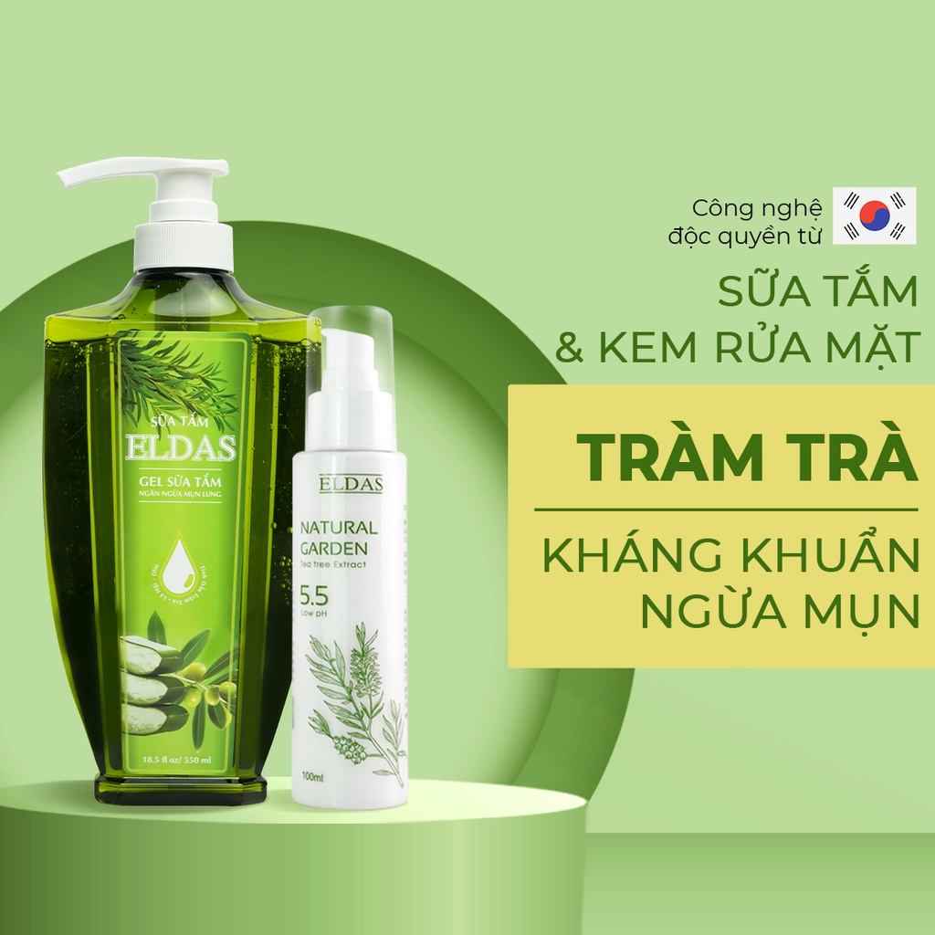 Sữa tắm trắng da Nữ tinh dầu 330ml & Sửa rửa mặt Tinh chất tràm trà và mướp đắng Bergami ELDAS 120ml