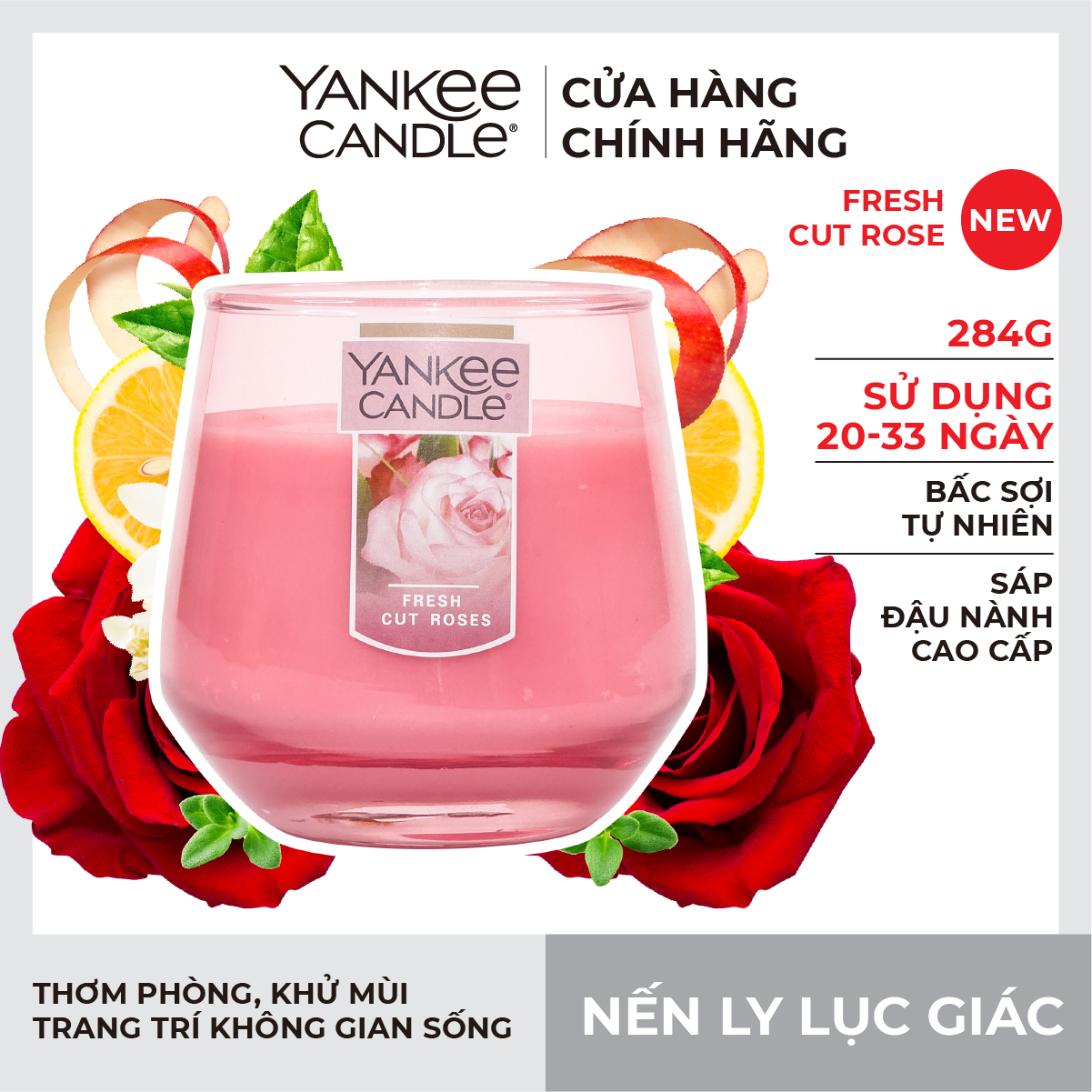 Nến Ly Lục Giác Sáp Đậu Nành 284gram từ Yankee Candle - Fresh Cut Roses