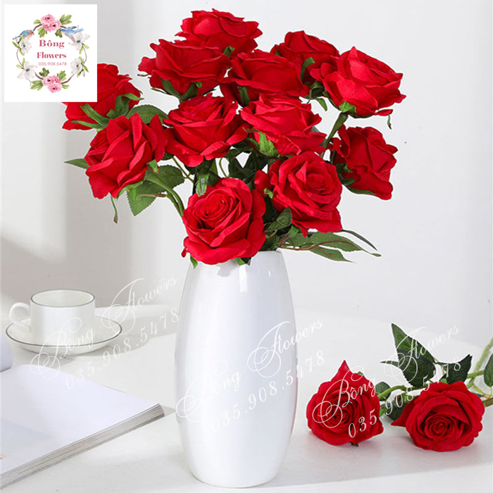 Hoa Hồng Nhung Giả Decor Trang Trí Cành Dài 70cm, Đường Kính Bông 10cm