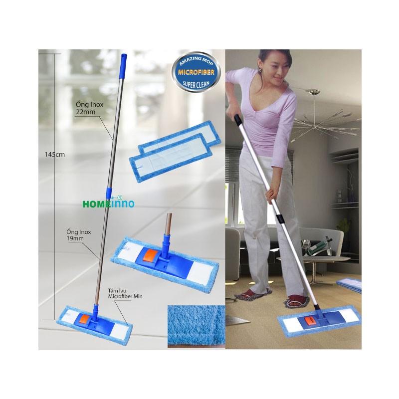 2 Cây Lau Nhà Microfiber 45cm mịn Homeinno Dạng Cài Đế Nhựa Cán Rút Loại 1 + 10 Tấm lau thay thế