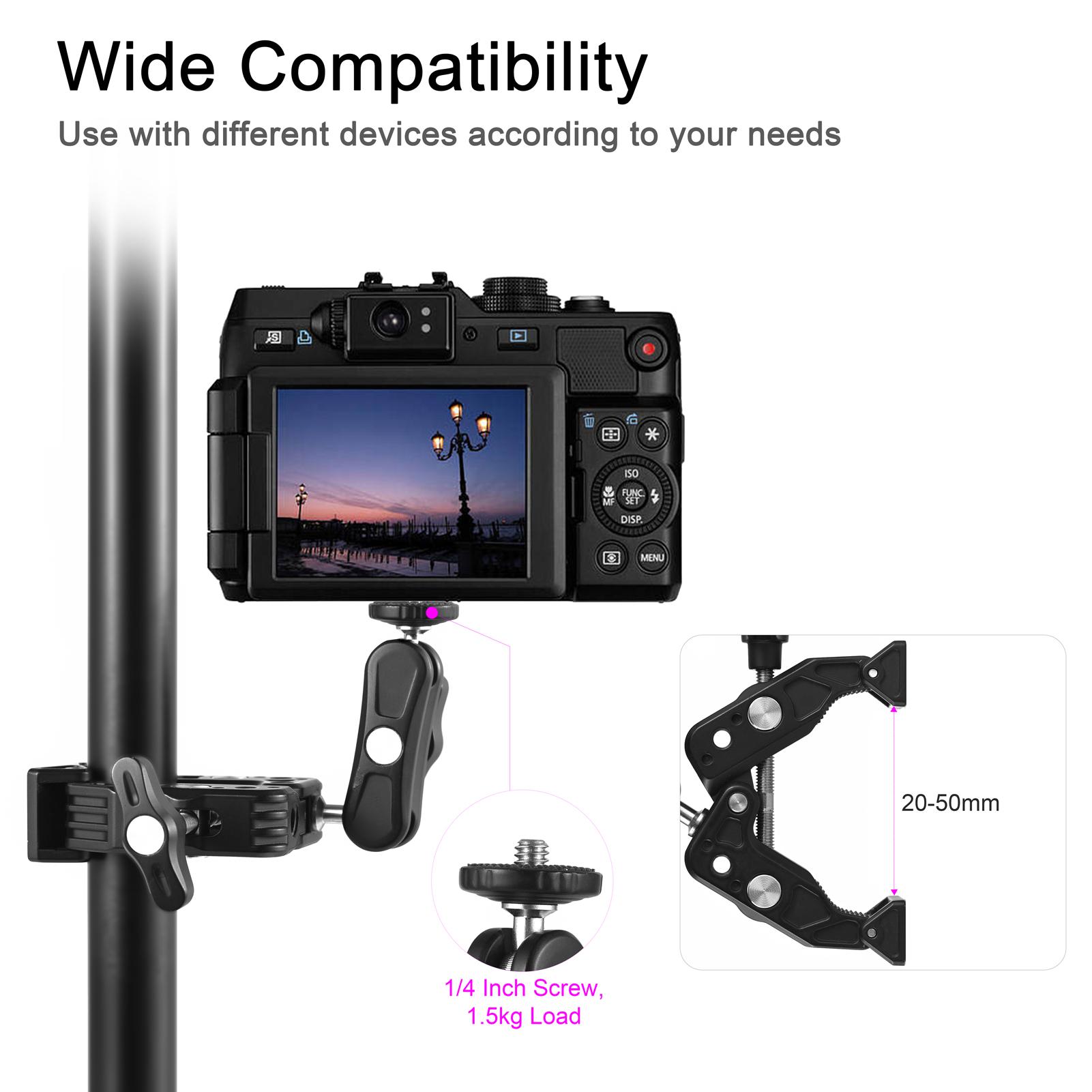 Multi-functional Super Clamp Aluminum Alloy with Dual 360° Rotatable Ballhead 1/4 Inch Screw Connection 1/4 Inch and 3/8 Inch Threads 1.5kg Load Bearing