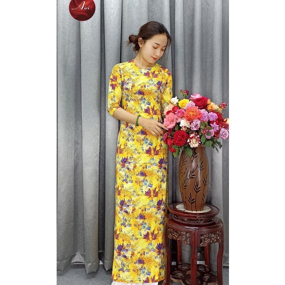 Áo Dài in 3d màu vàng họa tiết lá phong - Áo Dài Airi