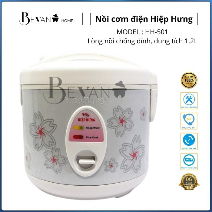 Nồi cơm điện nắp gài hàng chính hãng Hiệp Hưng HH-501 Bevano, giá nồi cơm điện mini cơ 1.2L hợp lý không dính đa năng, tiết kiệm năng lượng, phù hợp với sinh viên và căn hộ nhỏ, phòng trọ tập thể