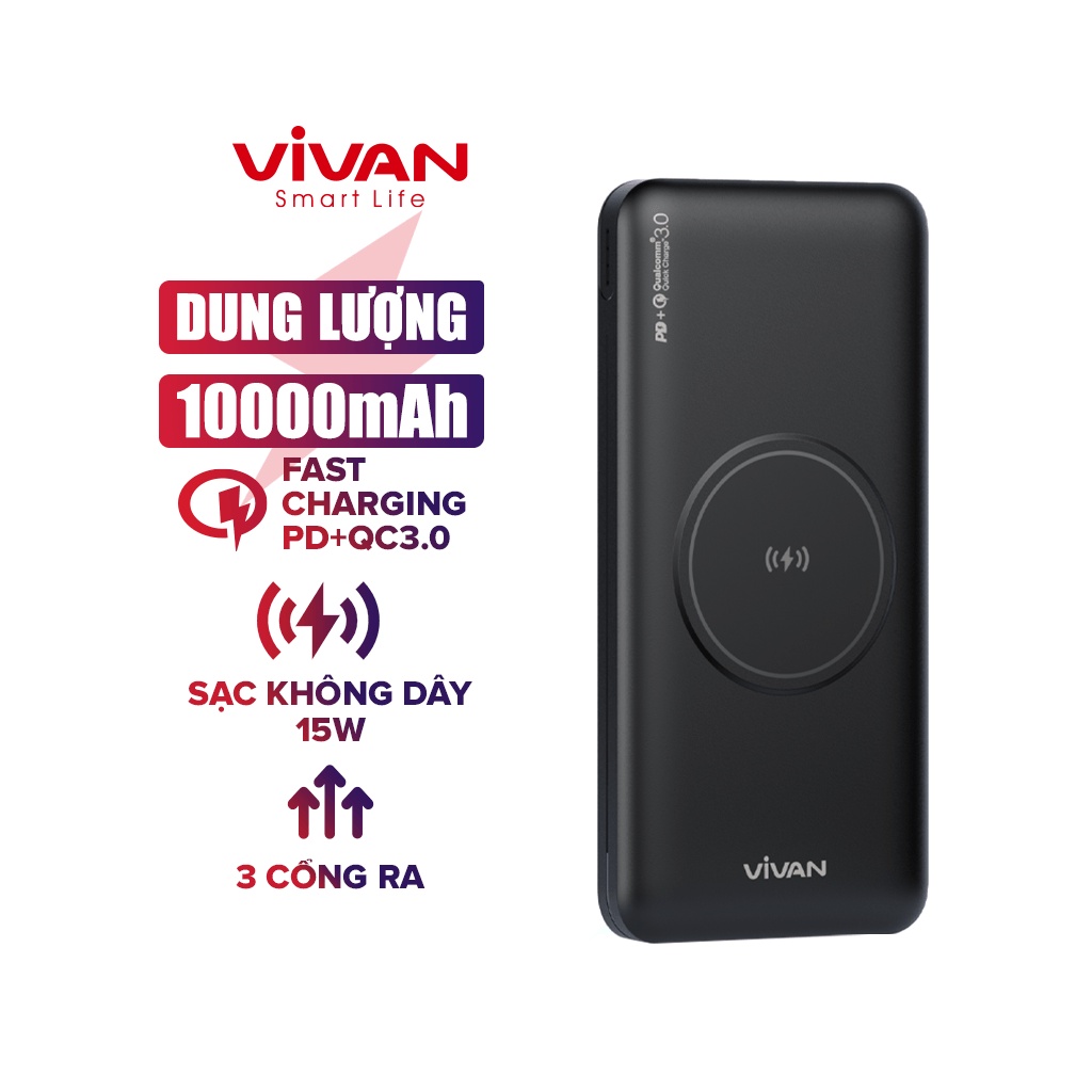 Pin Dự Phòng Không Dây VIVAN VPB-W11 Sạc Nhanh 15W 10000mAh Output Chuẩn QC/PD - Hàng Chính Hãng