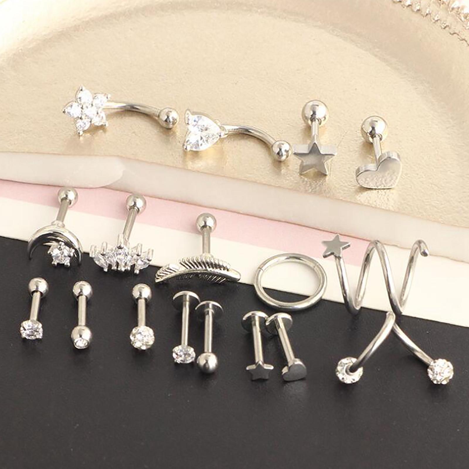 17Pcs Stainless Steel Earrings Set, Piercing Studs Piercing Jewelry, Earring Hoops, Barbell Stud, Heart Star Moon Earrings Hoop Stud Gifts