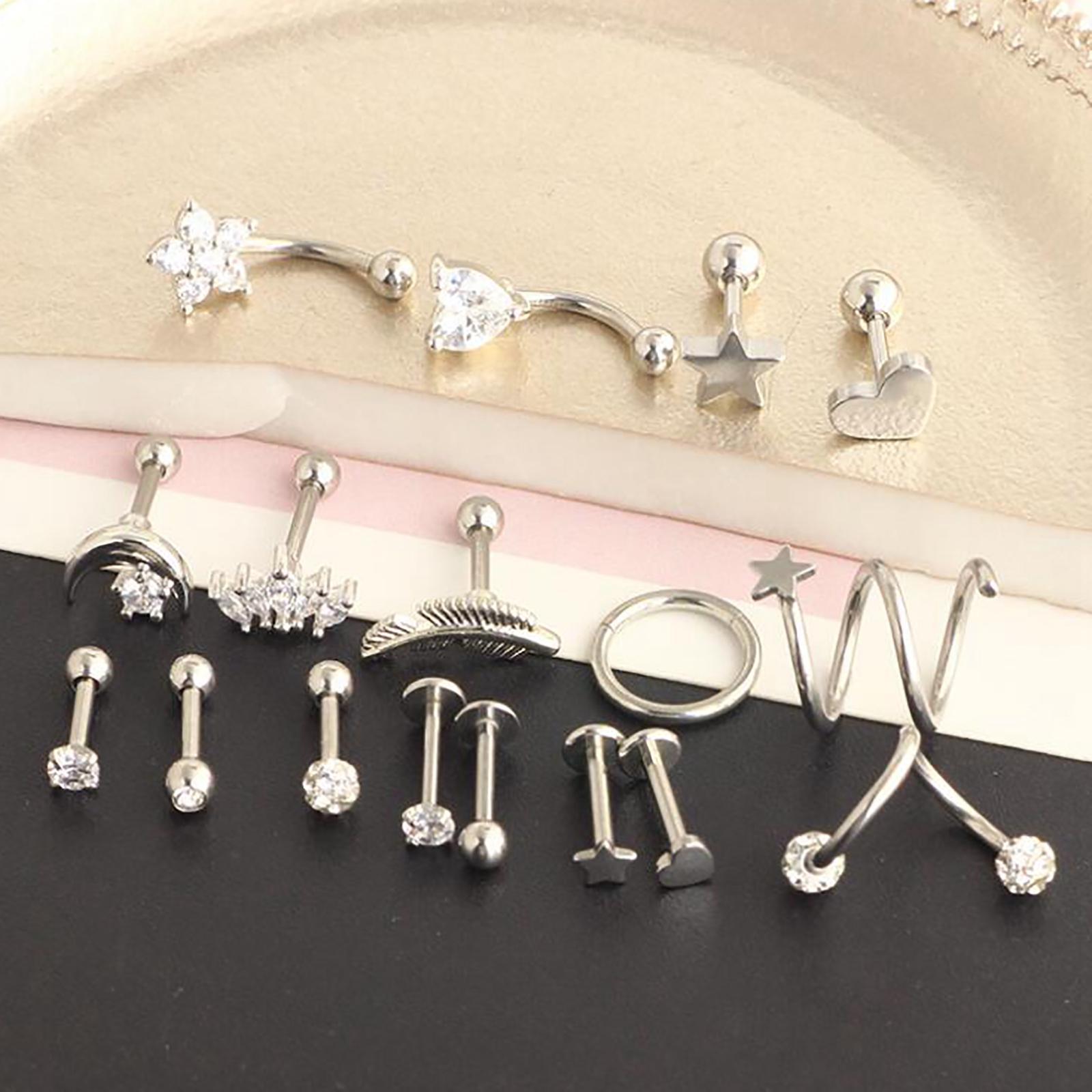 17Pcs Stainless Steel Ear Earrings Piercing Jewelry Nose Rings