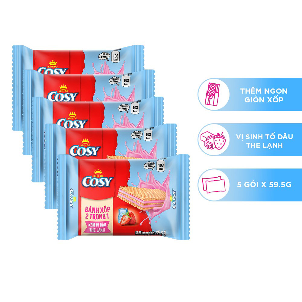 Combo 5 Bánh Xốp Cosy 2 trong 1 – Kem Vị Dâu The Lạnh, gói 59.5g