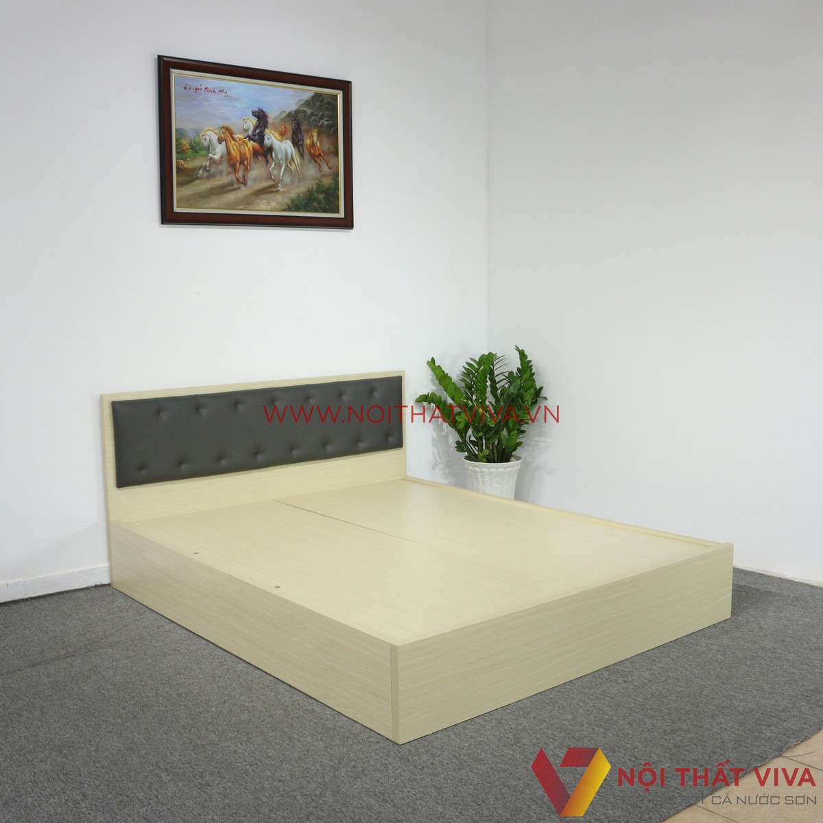 Giường Ngủ Gỗ MDF Phủ Melamine Màu Kem Có Đầu Nệm Hiện Đại Giá Rẻ