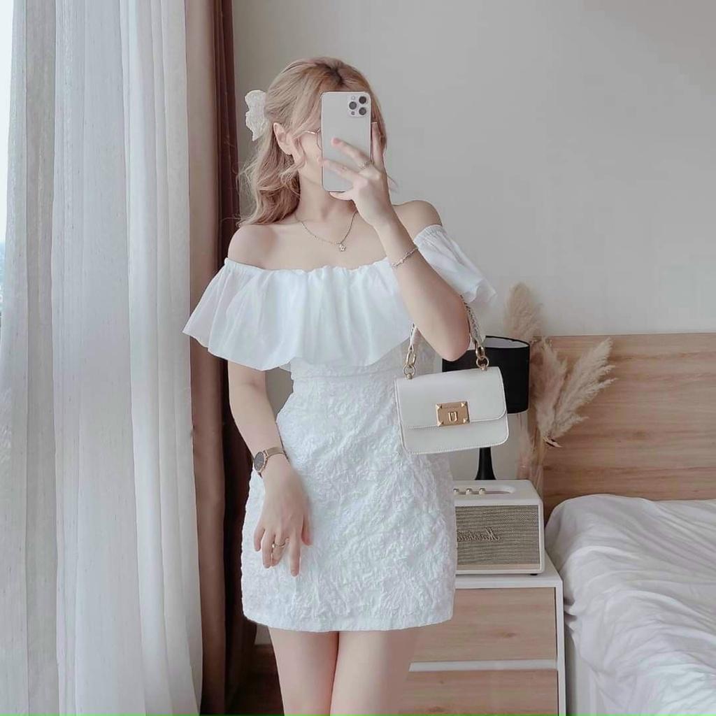 Đầm váy nữ trễ vai xốp phối voan tơ sang chảnh, xinh xắn dành cho các nàng đi chơi, dự tiệc