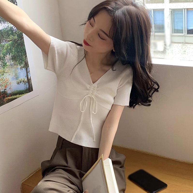 Áo Thun Tay Ngắn Cổ Chữ V Màu Trơn Thiết Kế Đơn Giản Thời Trang Dành Cho Nữ