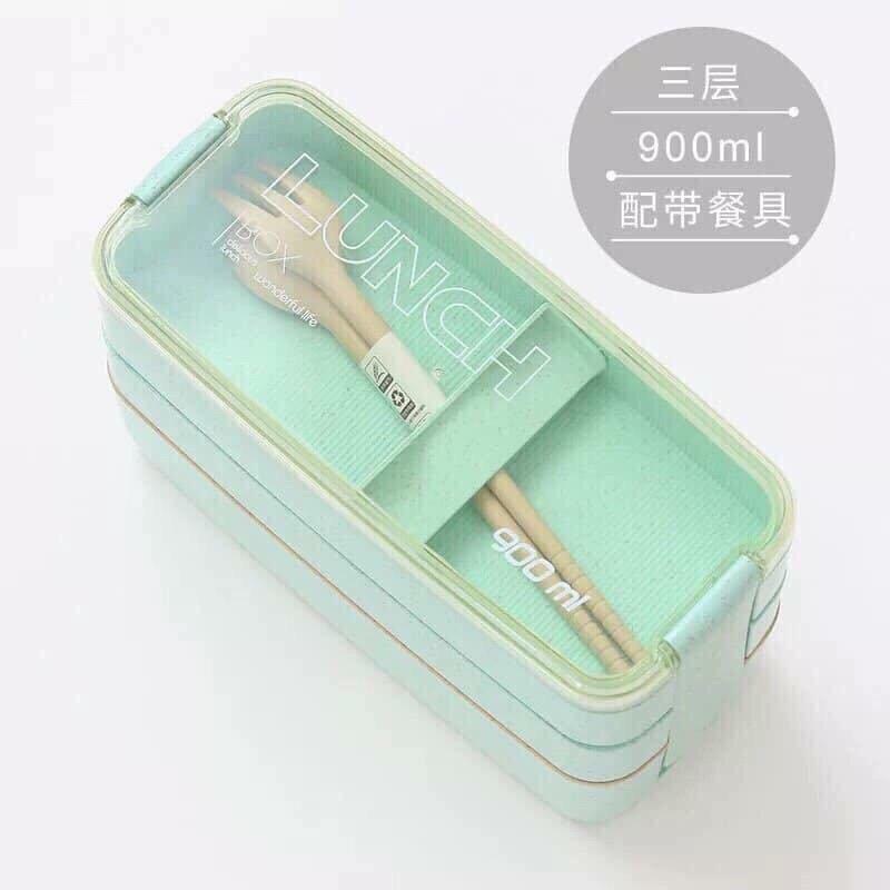 Hộp Cơm Văn Phòng Giữ Nhiệt Kèm Muỗng Tiện Dụng - Hộp Cơm Lúa Mạch Lunch Box 3 Tầng 900ml