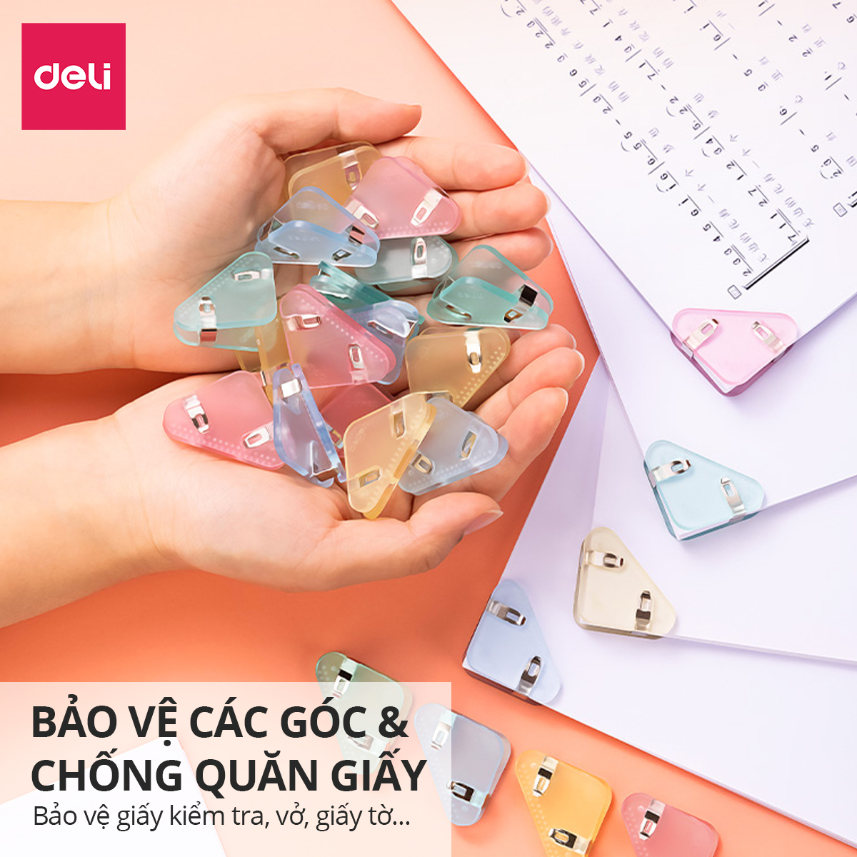 Set 4 kẹp giấy, kẹp đánh dấu trang sách, kẹp hồ sơ tài liệu tam giác bằng nhựa Deli thiết kế dễ thương màu pastel