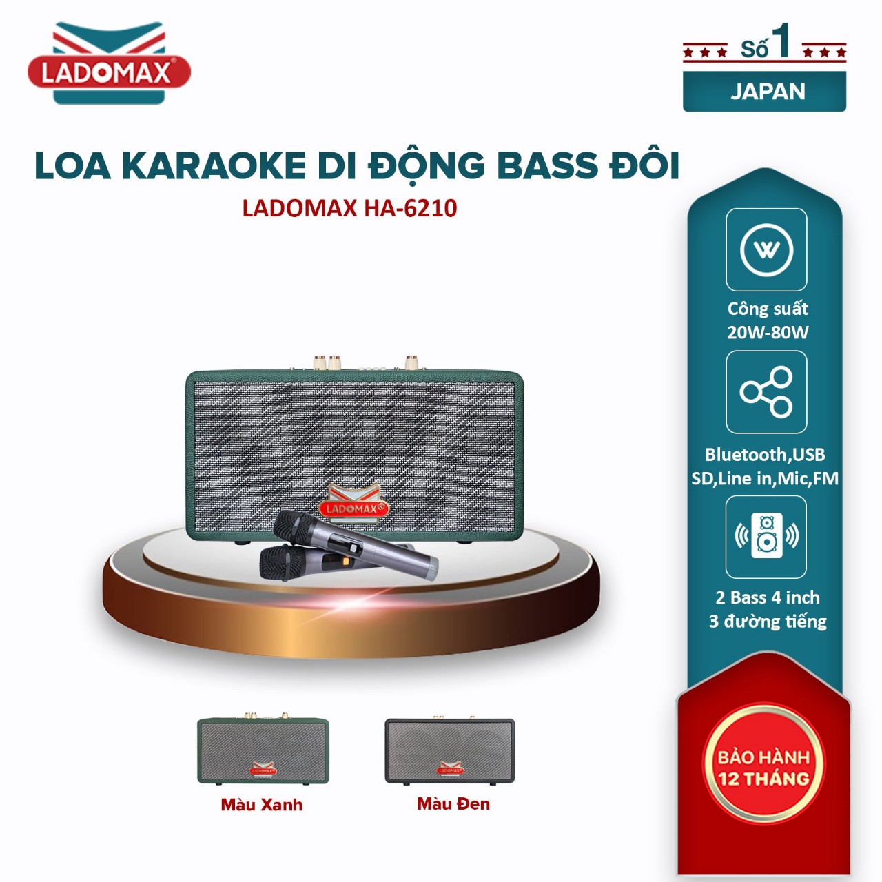 Loa xách tay hát Karaoke gia đình Ladomax HA-6210 có chức năng Chống hú &amp; Lọc nhiễu, pin sử dụng 4 - 6 giờ - Hàng chính hãng