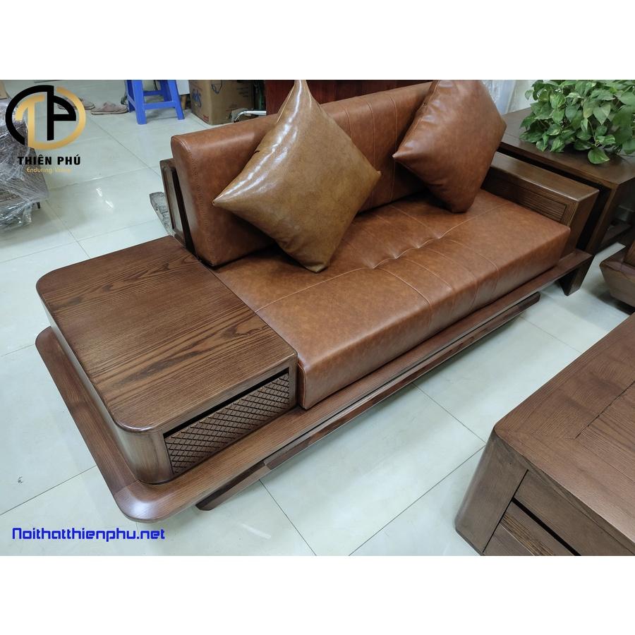 Mẫu mới 2022 - Sofa Gỗ Sồi Chân Thuyền TP-141-2 Hot, Gỗ Sồi Nga Màu Óc Chó, Đệm mút K43, Da Microfiber Giá Tại Xưởng