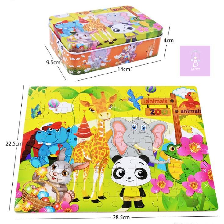 Bộ Tranh Ghép Hình Bằng Gỗ 60- 100 Miếng Có Hộp Thiếc Sắt Đựng- Phát Triển Trí Tuệ
