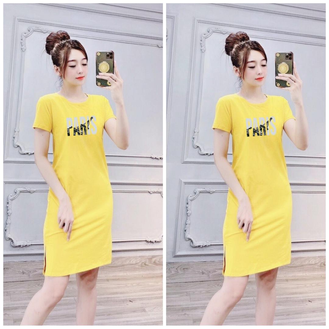 Đầm thun suông nữ cotton 4 chiều cổ tròn in chữ Paris mặc tôn dáng từ 40-55kg ( D102 )