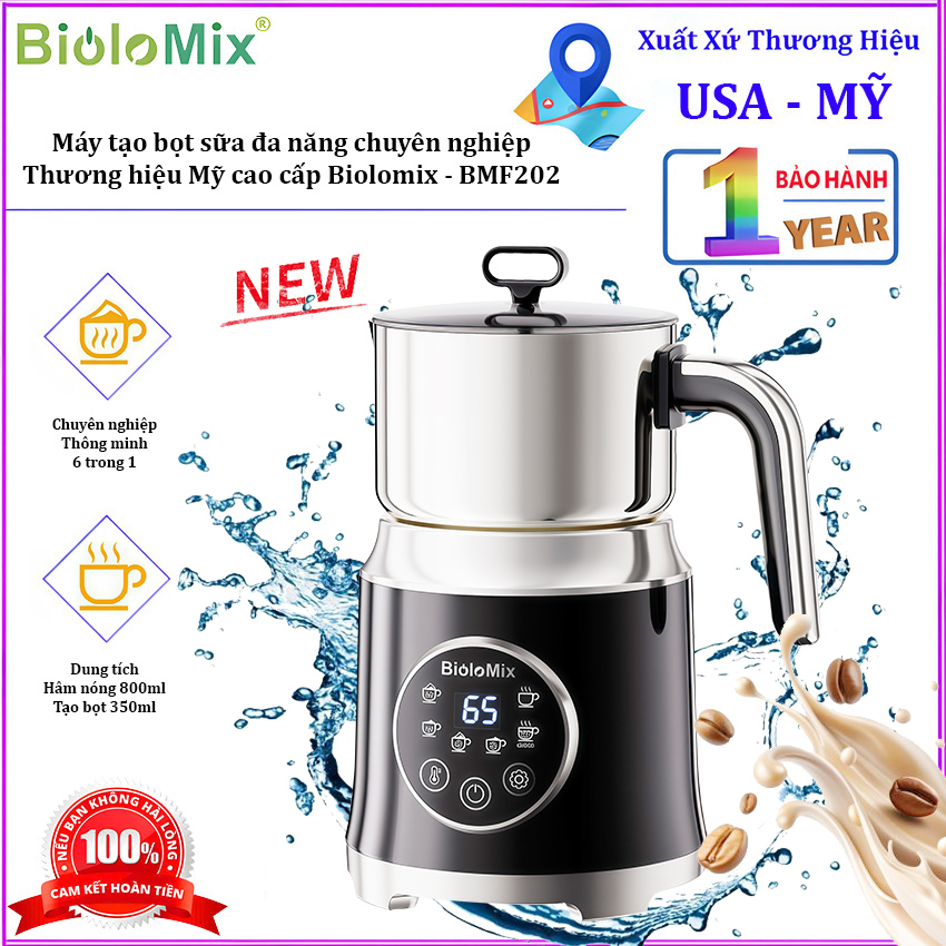 Máy tạo bọt sữa đa năng chuyên nghiệp 6 trong 1. Thương hiệu Mỹ cao cấp Biolomix - BMF202. Hàng chính hãng