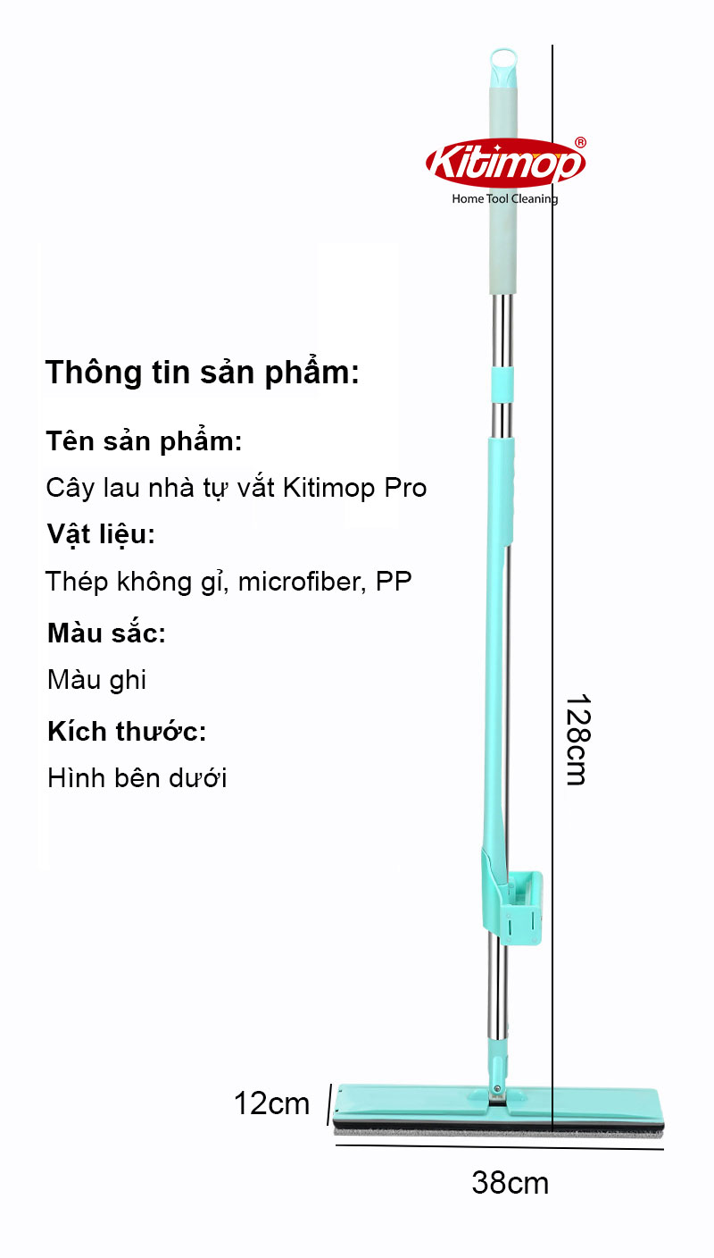 Cây lau nhà tự vắt thông minh không cần thùng, chổi lau nhà 360 độ Kitimop-RED