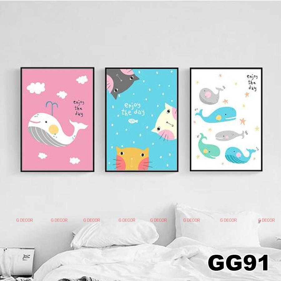 Tranh treo tường canvas 3 bức phong cách hiện đại Bắc Âu 91, tranh anime trang trí phòng cho bé, phòng khách, phòng ngủ