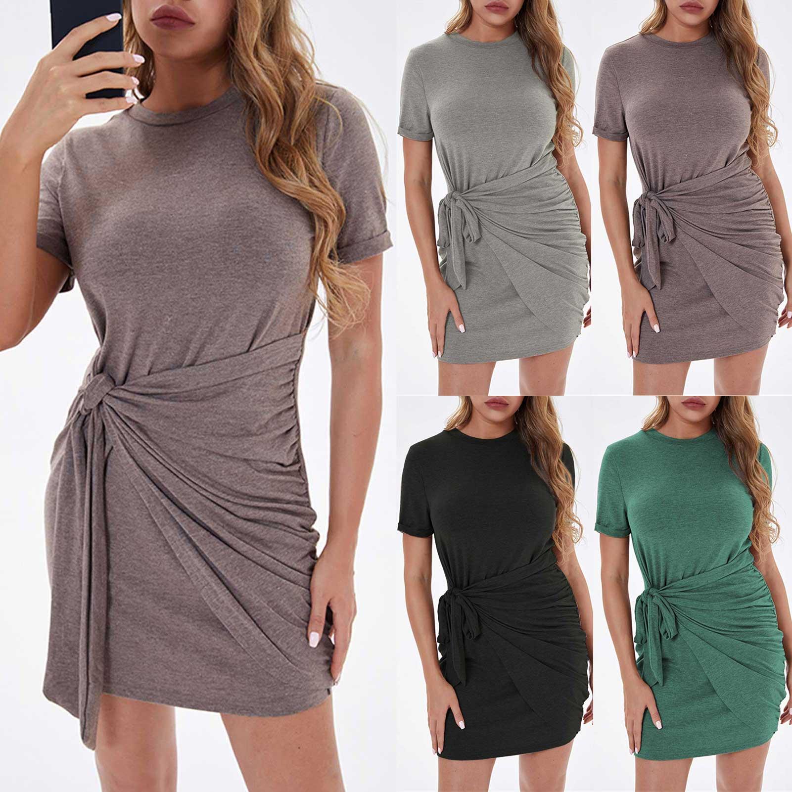 Women Mini Dress Sashes Waist Short Sleeve O-Neck Solid Slim Casual T-Shirt Dress