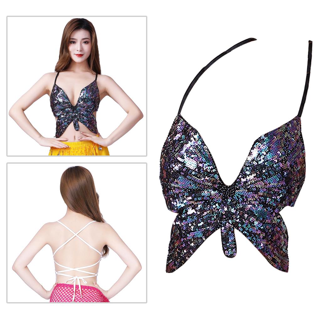 Womens Glitter Belly Dance Bra Sequin Butterfly Halter Crop Top Sexy Latin Sequins Costume Tribal Festival Party Club Wear