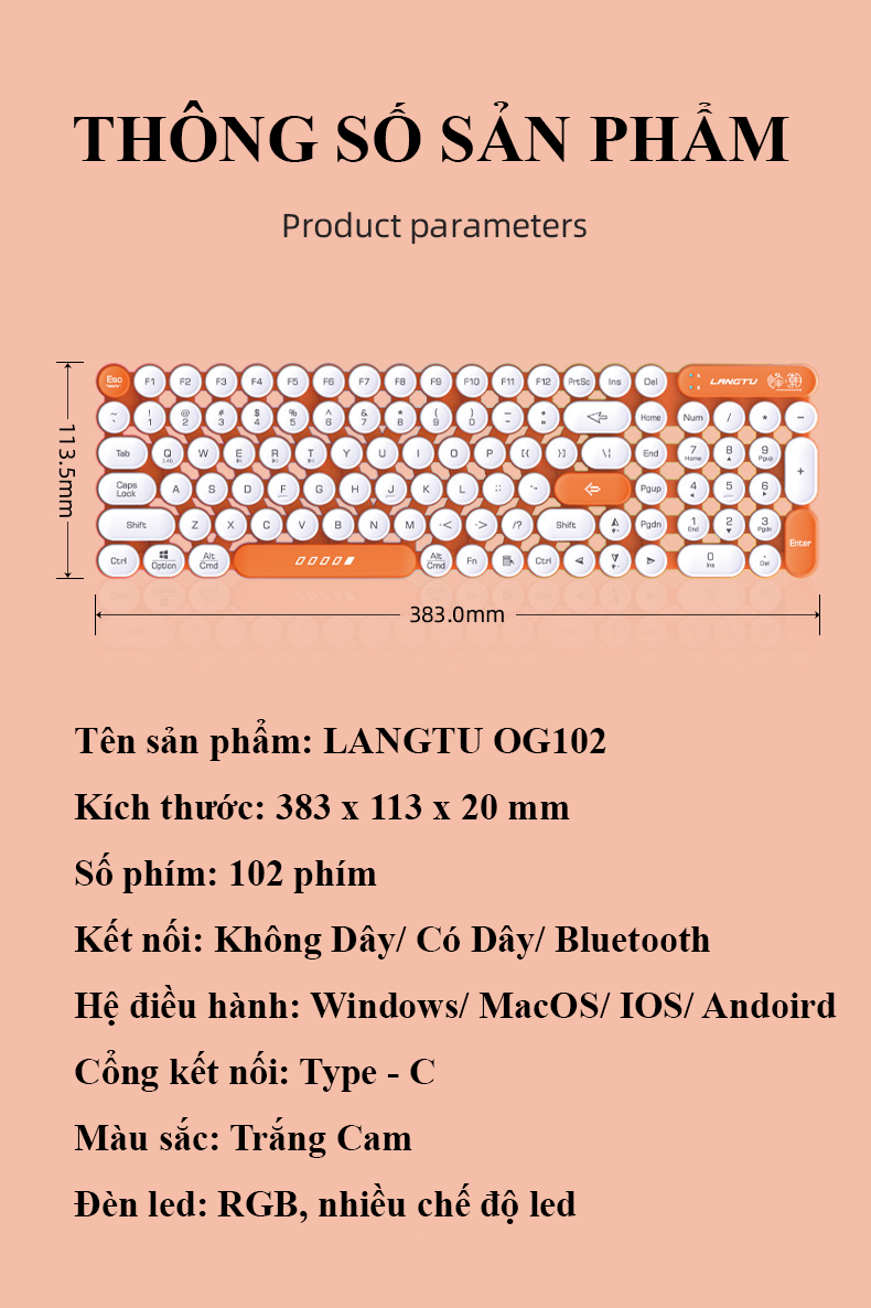 Bàn phím LANGTU OG102 nút tròn với thiết kế hình tổ ong có đèn led viền bắt mắt với 3 cách kết nối tiện lợi - Hàng Chính Hãng