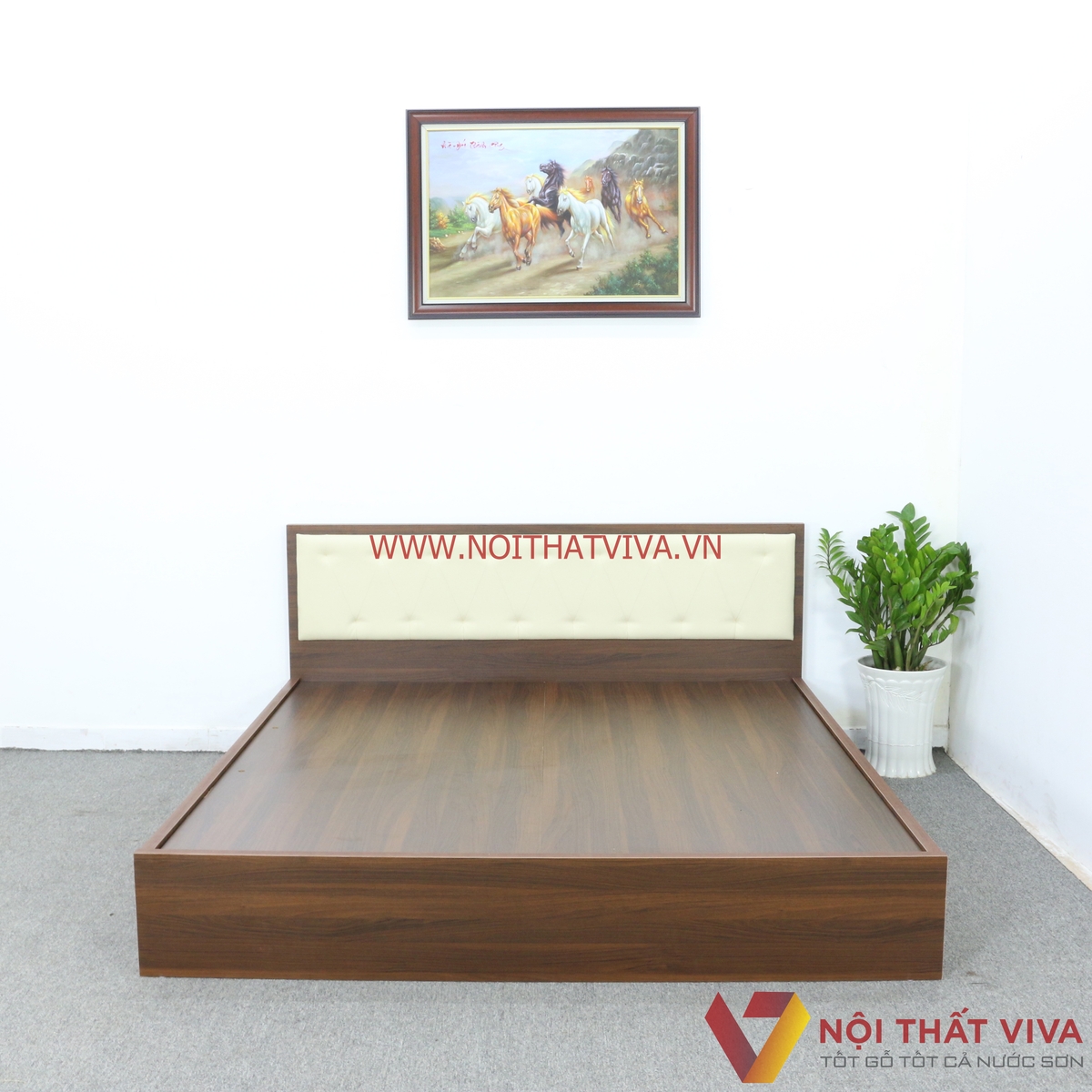 Giường Ngủ Gỗ Mdf Melamine Màu Nâu Có Đầu Nệm Kem Đẹp Giá Rẻ