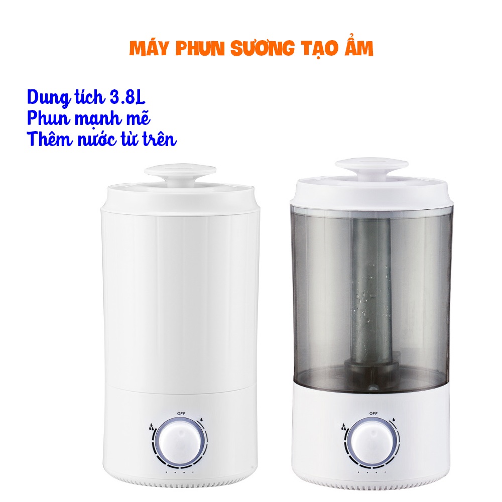 Máy phun sương tạo ẩm, Dung tích lớn 3.8L có núm vặn điều khiển chế độ phun sương, sử dụng tối đa lên đến 12h, thiết kế hiện đại, sang trọng