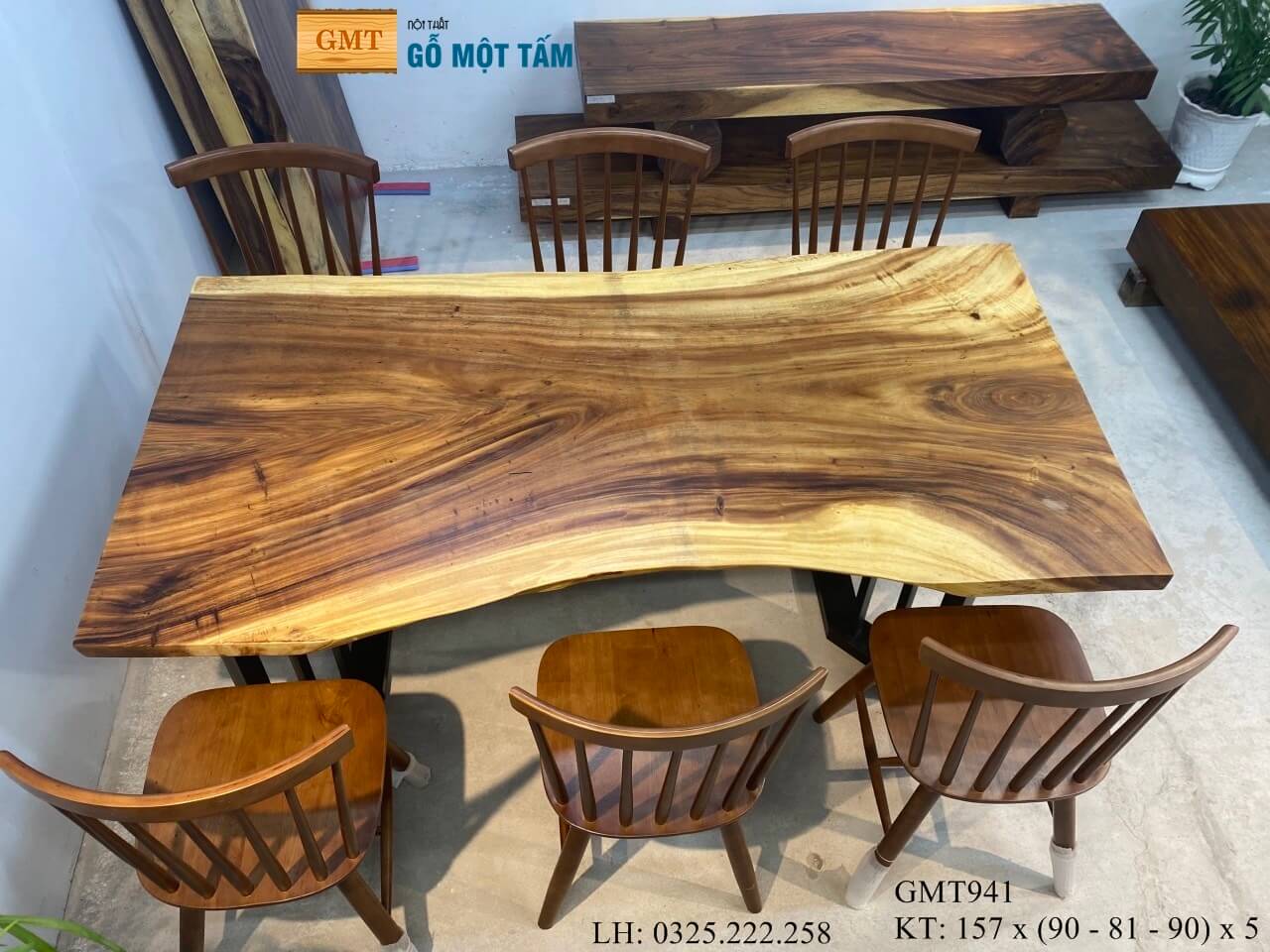 Bàn Gỗ Me Tây Nguyên Tấm, Bàn Làm Việc Gỗ Me Tây, Bàn Sân Vườn Gỗ Me Tây Dài 1,75m Rộng 90cm Dày 5cm