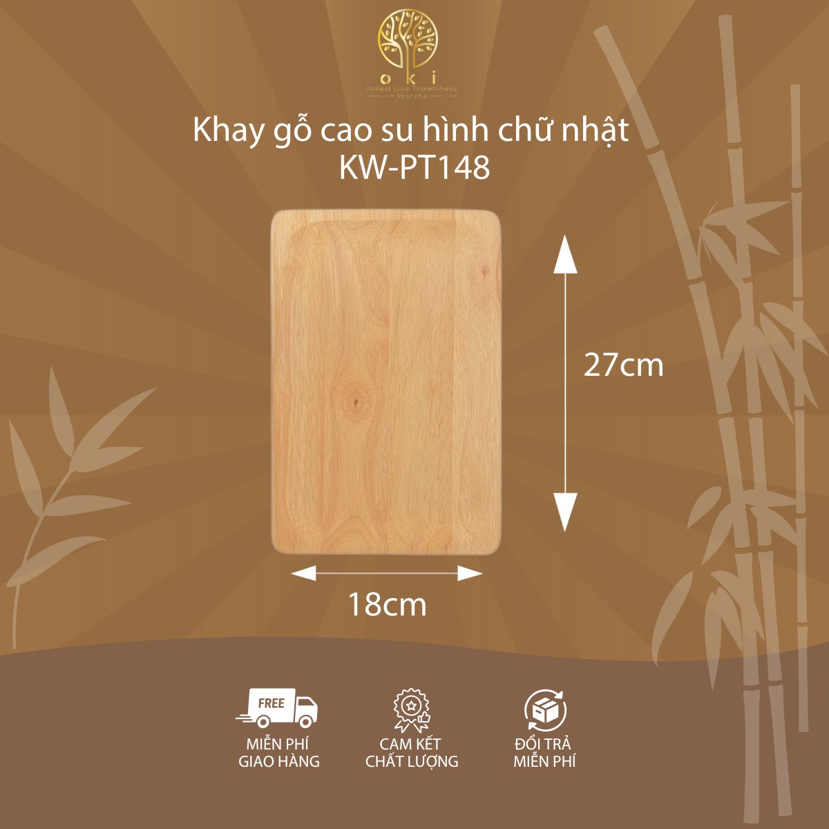 Khay gỗ cao su hình chữ nhật - KW-PT148 - Kích thước đa dạng, bền đẹp theo thời gian