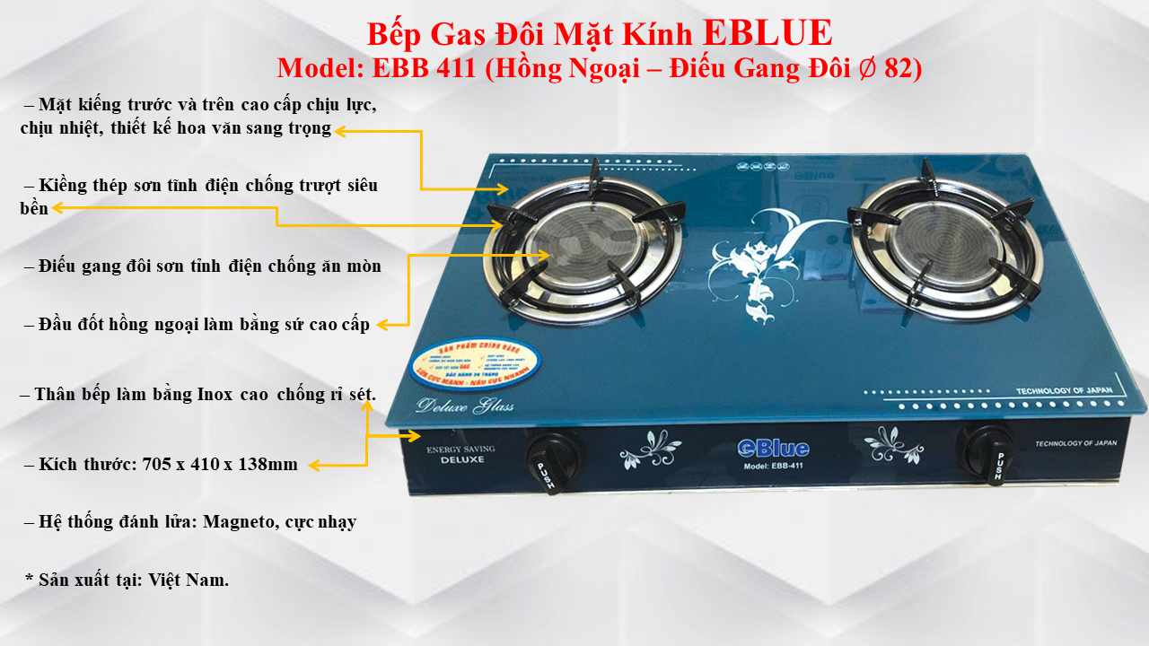 Bếp Gas Đôi Mặt Kính eBlue (Sen Hồng Ngoại)- EBB411 - Hàng chính hãng