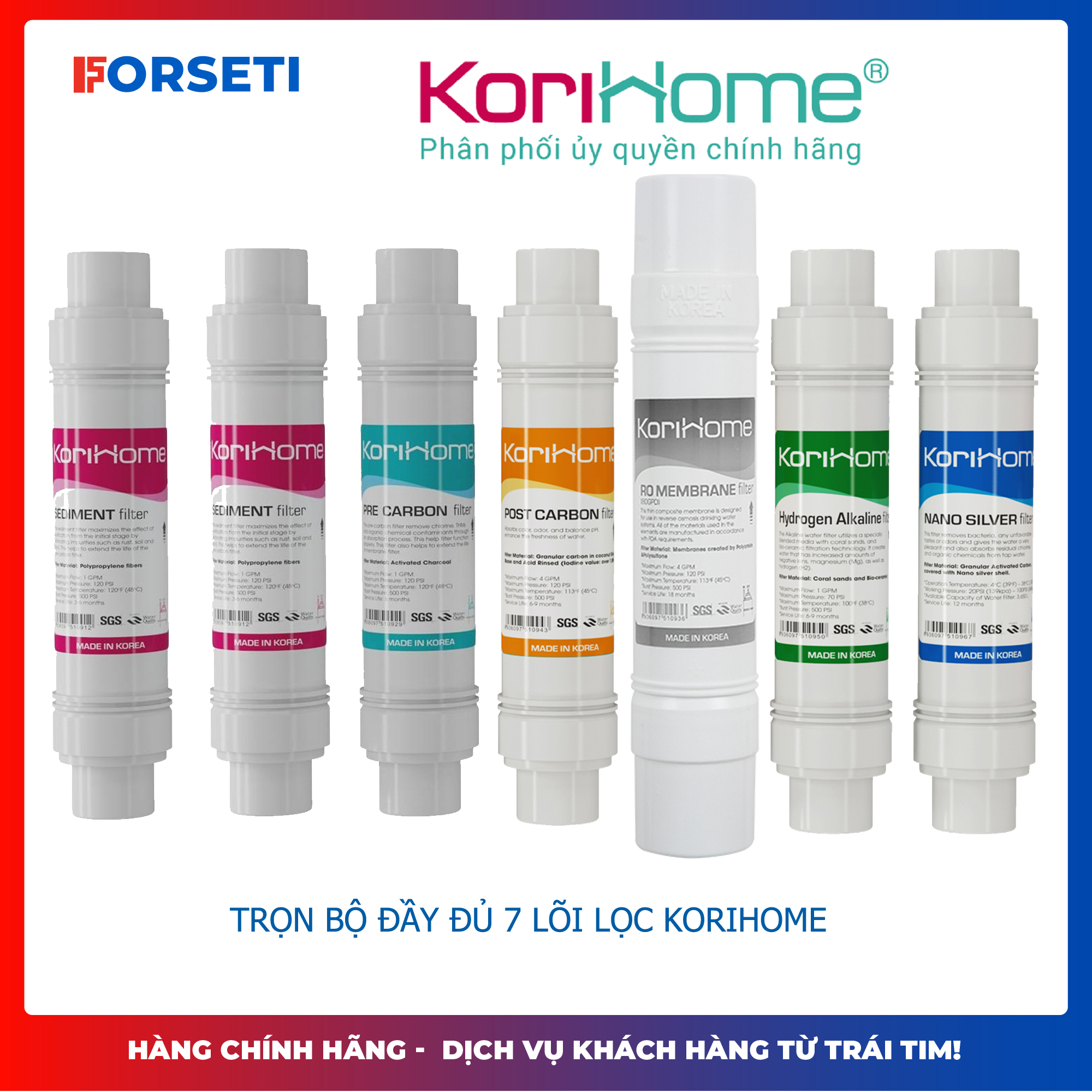 Combo đầy đủ 7 lõi lọc nước Korihome (2 sediment,1 precarbon, 1 postcarbon, 1 nanosilver, 1 hydrogen, 1 RO)