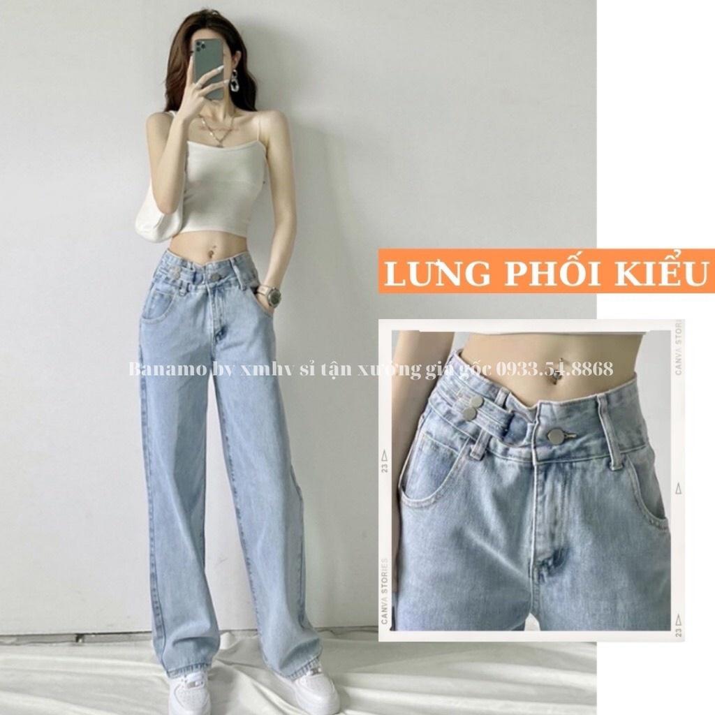 Quần jean nữ ống rộng cạp cao phối móc khóa cực chất thời trang Banamo Fashion jean nữ ống rộng phối kiểu móc khóa 9611