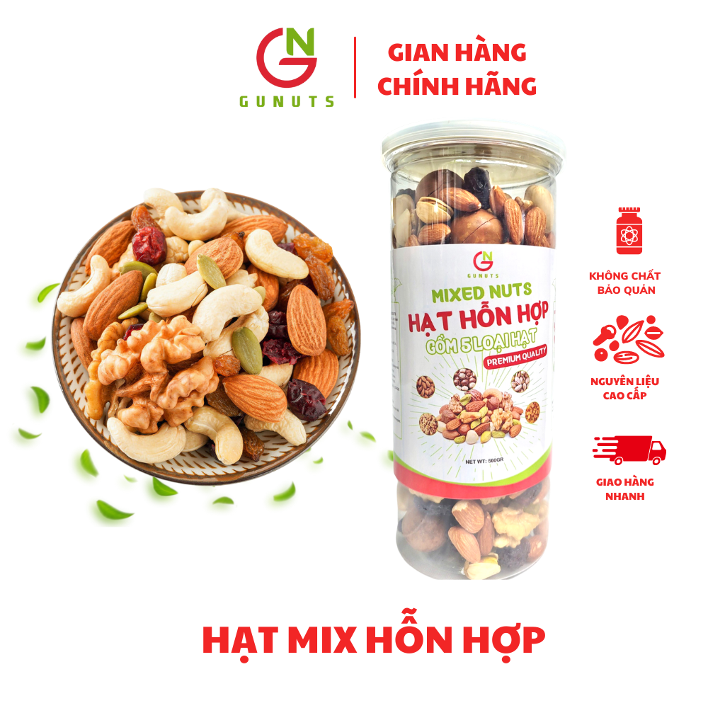 Mix Hạt Dinh Dưỡng - Hạt Hỗn Hợp Dinh Dưỡng Gunuts Bao Gồm 5 Loại Hạt Granola Siêu Hạt Đã Sấy Chín Ăn Liền: Hạt Hạnh Nhân, Hạt Macca, Hạt Dẻ Cười, Hạt Hạnh Nhân, Hạt Óc Chó Hộp 500gr