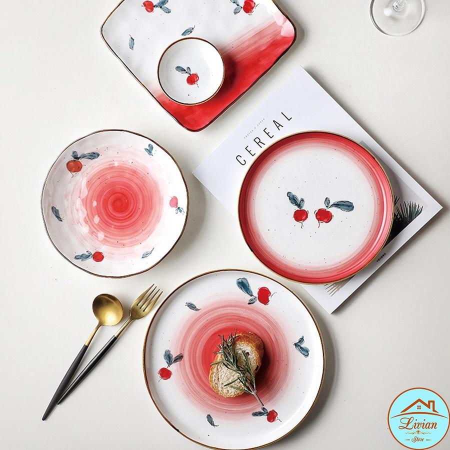 Đĩa sứ, đĩa decor bàn ăn họa tiết củ cải đỏ nhiều kích thước