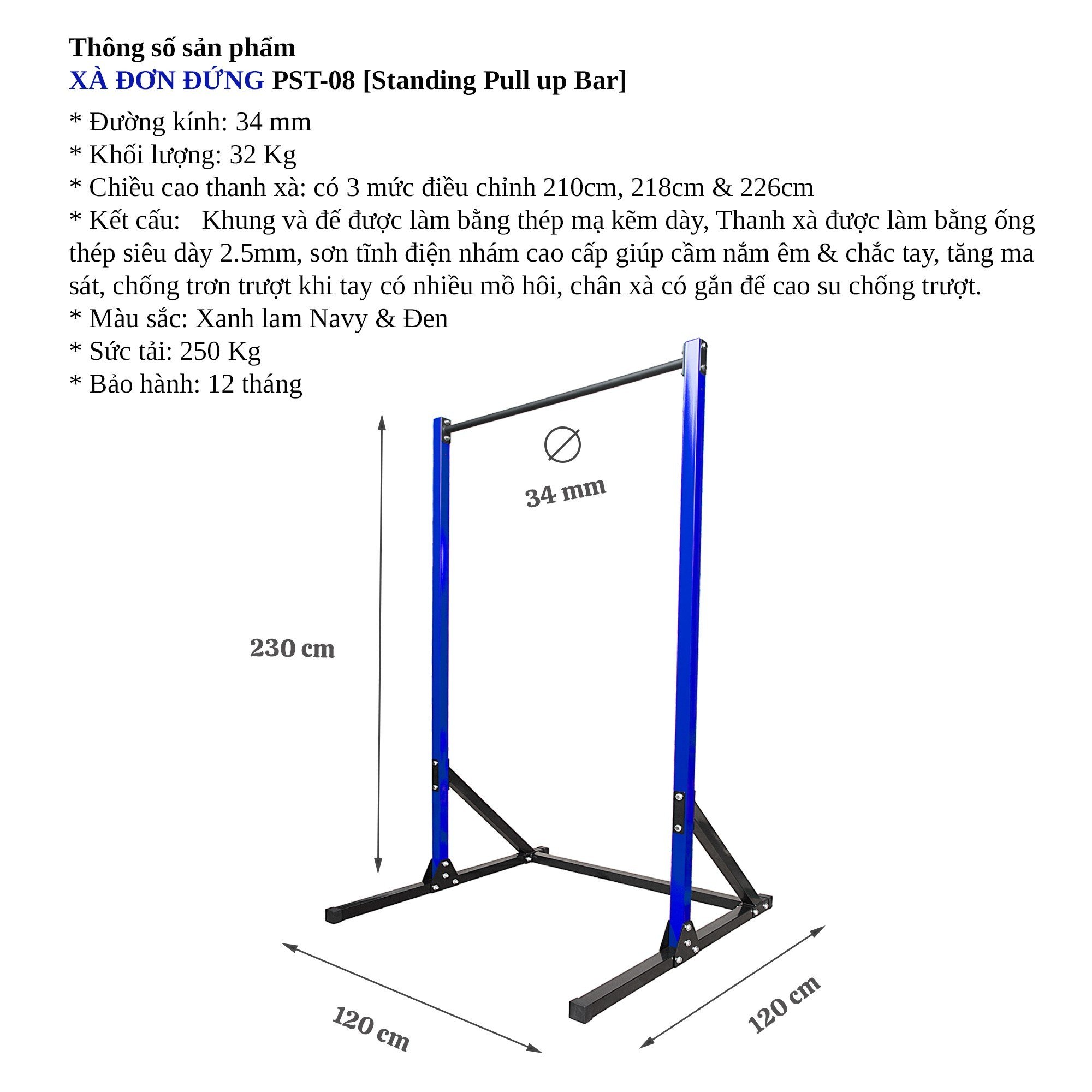 Xà đơn đứng - Standing Pull up bar Pocorrys PST-08, Màu xanh đen