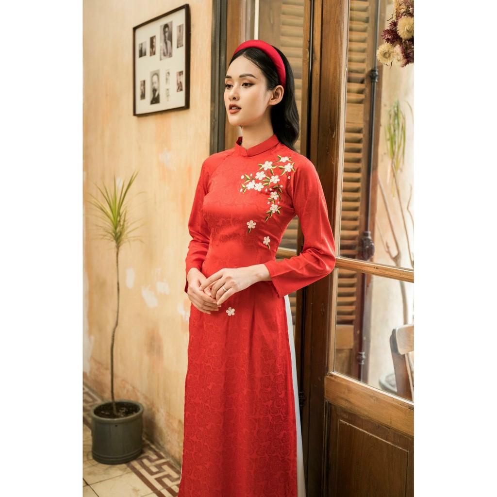Lụa mango Áo dài cách tân cực xinh Áo dài thêu hoa đính hạt tỉ mỉ