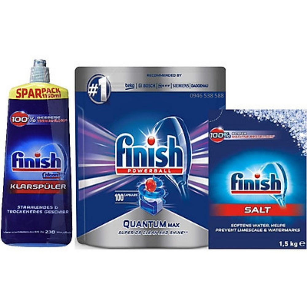 Muối Finish 1.5kg+Bóng Finish 1150ml+ 100 Viên Finish Quantum Max dùng cho Máy Rửa Bát