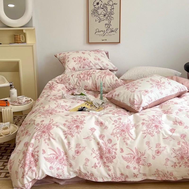 Bộ Chăn Ga Gối Cotton Living 100% Cotton Hàng Nhập Khẩu Cao Cấp 4 Món Hoa Xanh