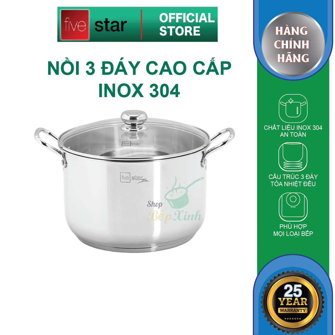 Nồi luộc gà inox 304 cao cấp Fivestar Plus 28cm nắp kính , 3 đáy dùng được bếp gas , hồng ngoại