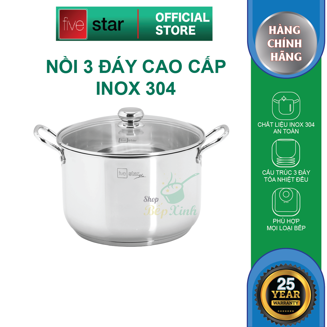 Nồi luộc gà inox 304 cao cấp Fivestar Plus 28cm nắp kính , 3 đáy dùng được bếp gas , hồng ngoại ( tặng 1 vá canh inox )