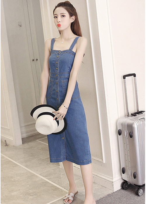 Đầm Yếm Jean Nữ Form Dài Nút Cài Dọc
