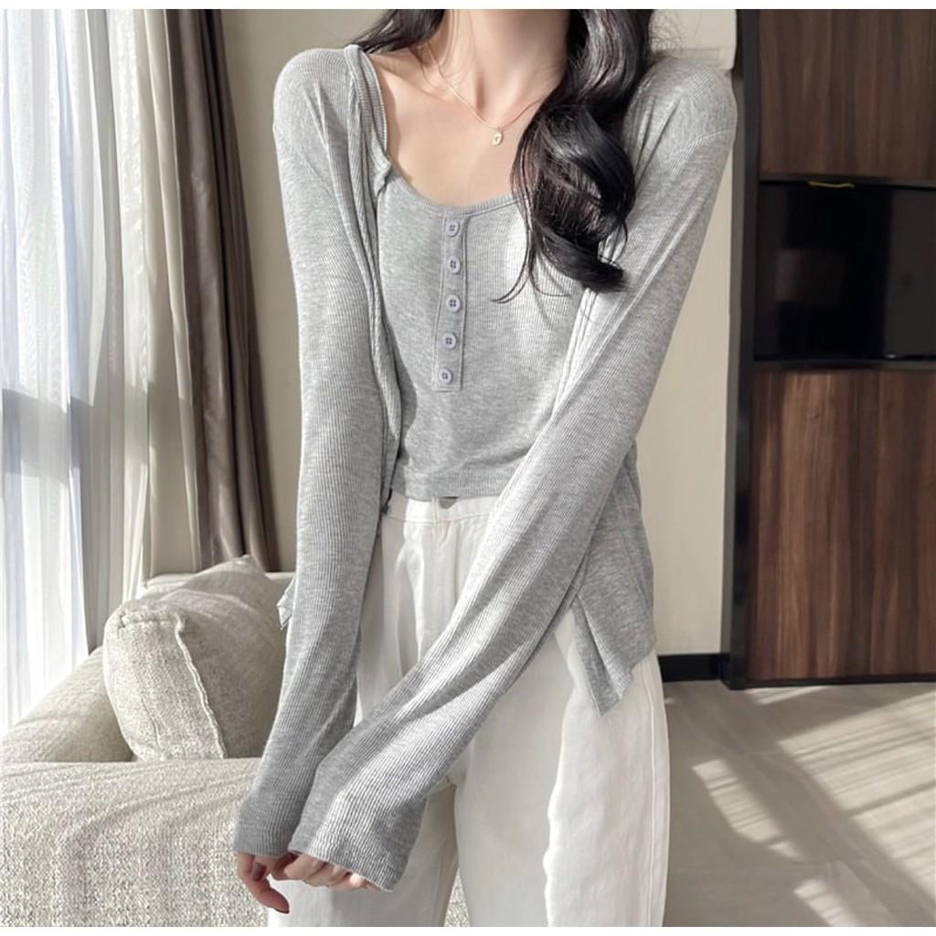 Set áo khoác Cardigan nữ dài tay form rộng + áo 2 dây giả cúc